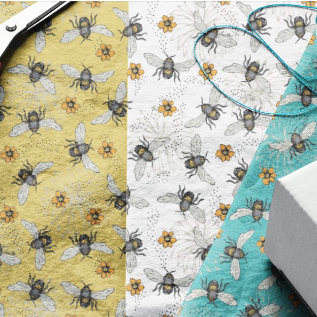 Papier Mousseline Tendance Blanche Bourdonnante Abeille à Miel de Pr (Cute, happy bees and yellow Cosmos Spring and Summer flowers. In many colors and wrapping paper too )