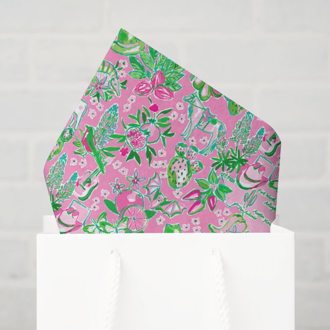 Papier Mousseline Texas Map Pink & Green Preppy Motif (Sac cadeau)