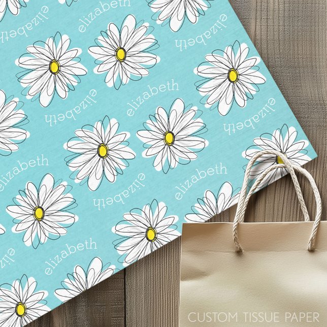 Papier Mousseline Texte personnalisé Aqua et Jaune Whimsical Daisy (Custom Tissue Paper)