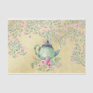 Papier Mousseline Théière d'aquarelle et or élégants de fleurs