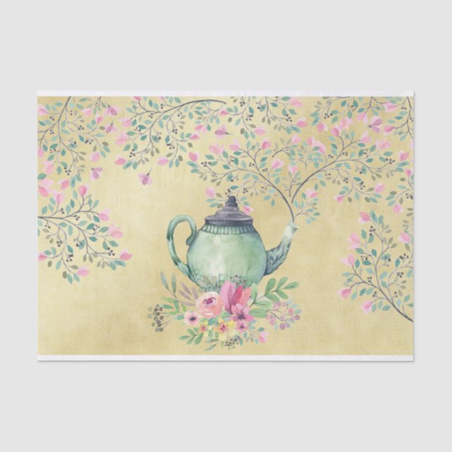 Papier Mousseline Théière d'aquarelle et or élégants de fleurs (Recto)