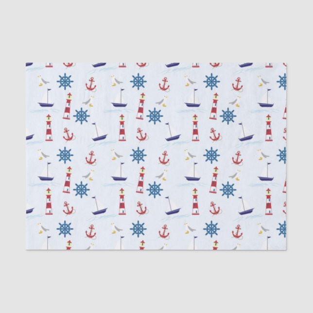 Papier Mousseline Thème nautique Bateaux, Ancres et phares Bleu (Recto)
