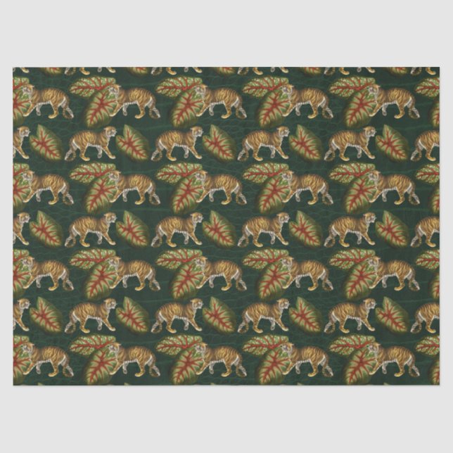 Papier Mousseline Tigres et Feuilles sur la Découpage Verte (Recto)