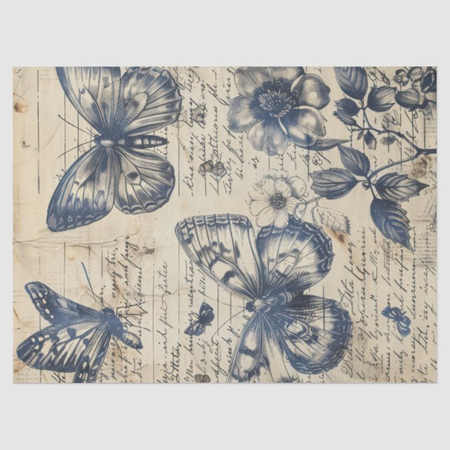 Papier Mousseline Timbre papillon d'encre monochrome rétro (Recto)