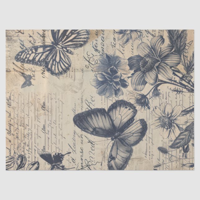 Papier Mousseline Timbre rose monochrome rétro papillon floral (Recto)