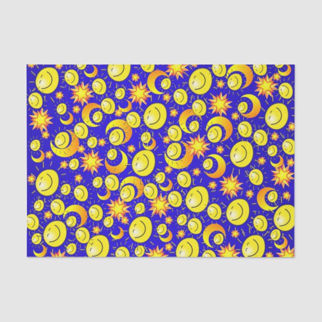 Papier Mousseline Tissu Papier Lune Soleil Jaune Étoiles Bleu (Recto)