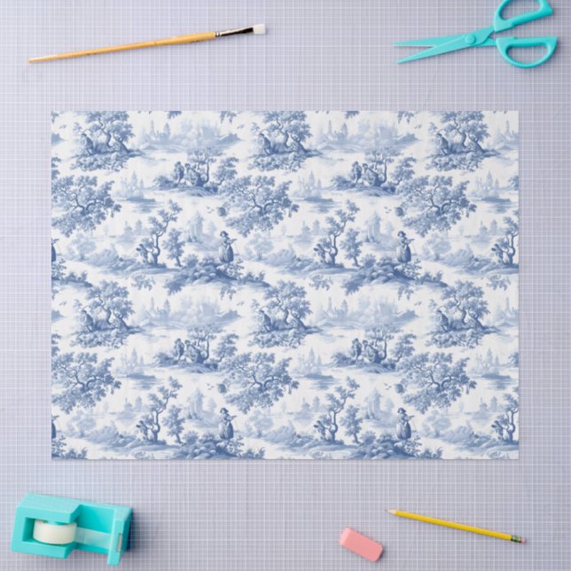 Papier Mousseline Toile du Jouy Blue Faux French  (Artisanat)