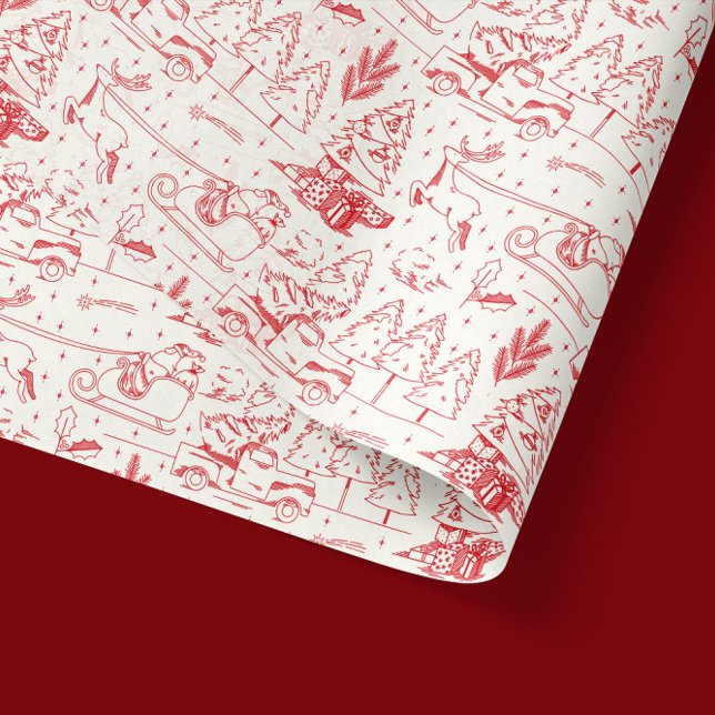Papier Mousseline Toile rouge de Jouy Scènes de Noël modernes (red toile de jouy illustrations of santa claus and other christmas tree scenery in tissue paper)