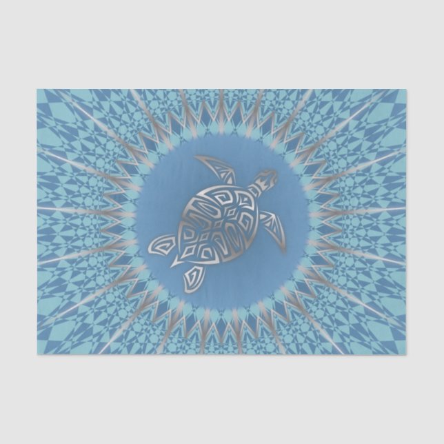 Papier Mousseline Tortue Bleue Argent Et Mandala (Recto)