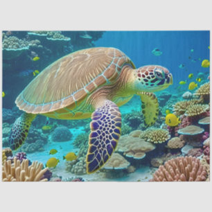 Papier Mousseline Tortue De Mer Verte Sur Une Barrière De Corail Flo