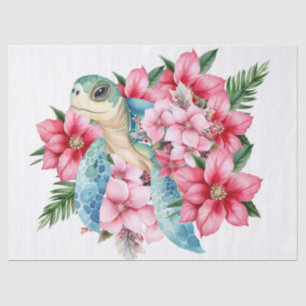 Papier Mousseline Tortue de mer Whimsical et fleurs roses