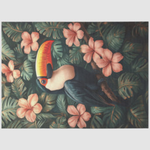Papier Mousseline Toucan Fleurs roses tropicales Peinture Découpage
