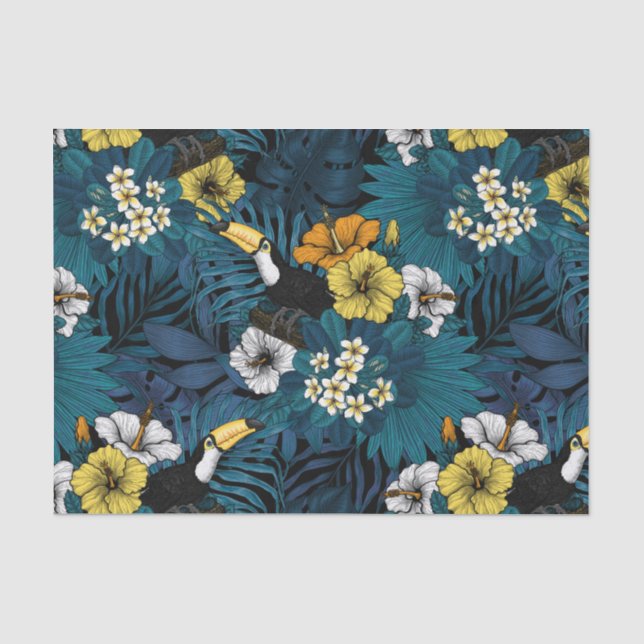 Papier Mousseline Toucans and tropical flora, blue , yellow , orange (Recto)