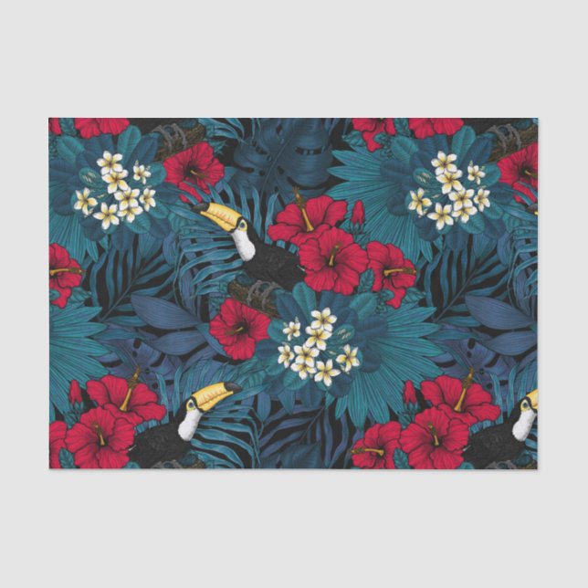 Papier Mousseline Toucans et flore tropicale, verte et rouge (Recto)