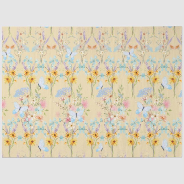 Papier Mousseline Tournesol Jaune Floral Bleu Papillon Découpage (Recto)