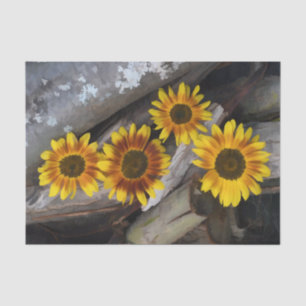 Papier Mousseline Tournesols sur rondins Brun Jaune Art rustique vin