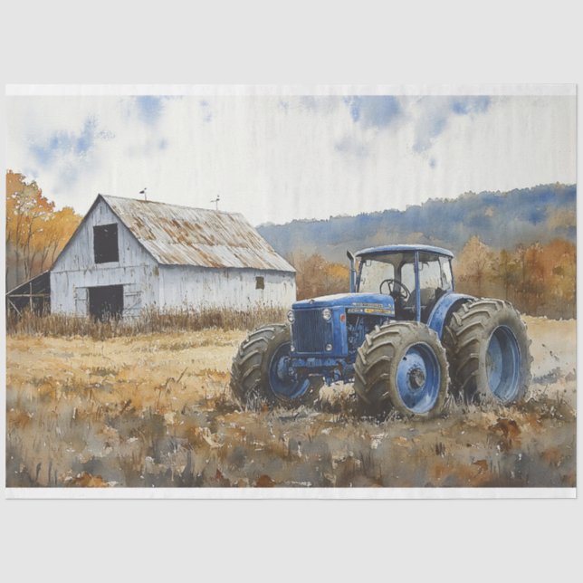 Papier Mousseline Tracteur bleu rustique Aquarelle à grange blanche (Recto)