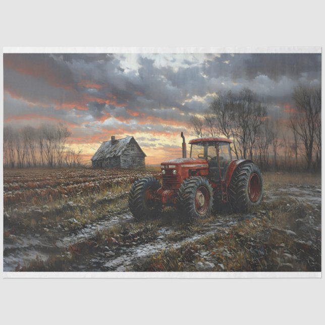 Papier Mousseline Tracteur dans un champ agricole Découpage rustique (Recto)