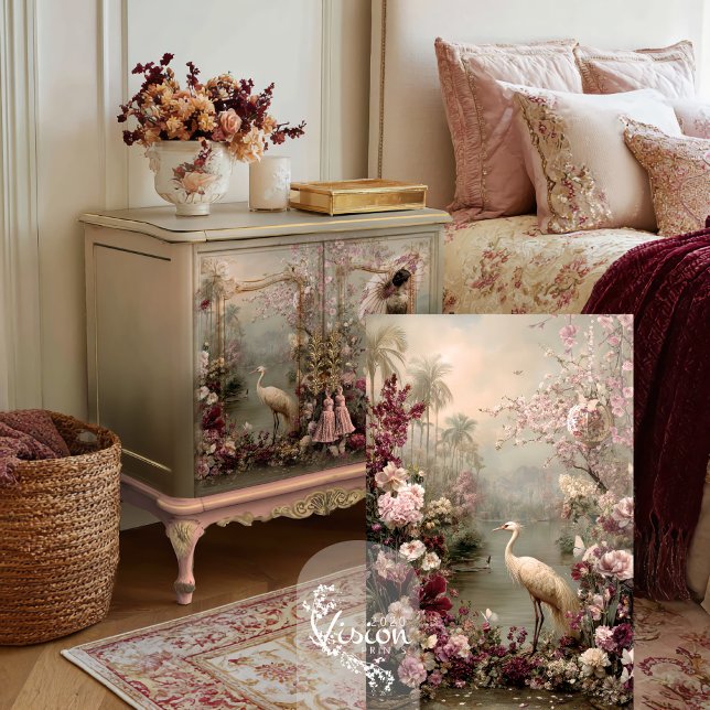 Papier Mousseline Tranquillité Chinoiserie Oiseau Floral Romance (Chinoiserie Tranquillity White Crane Bird Ethereal Floral Decoupage Tissue Paper.)