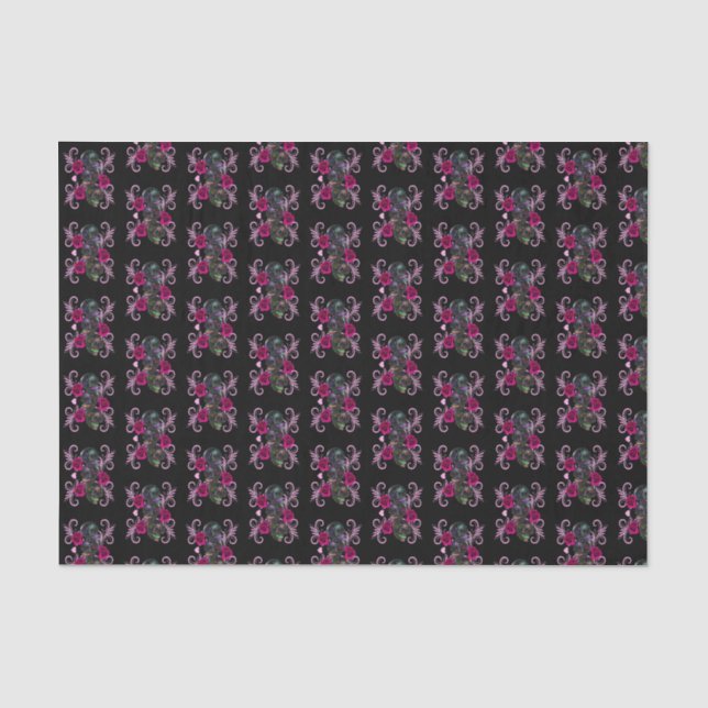 Papier Mousseline Triple Jour Noir Des Crânes Morts Roses Rose (Recto)