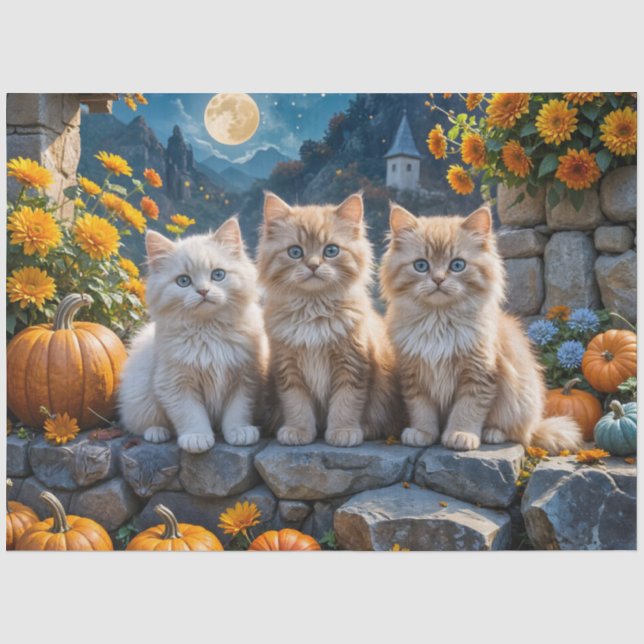 Papier Mousseline Trois chatons d'automne à la luffée avec Citrouill (Recto)