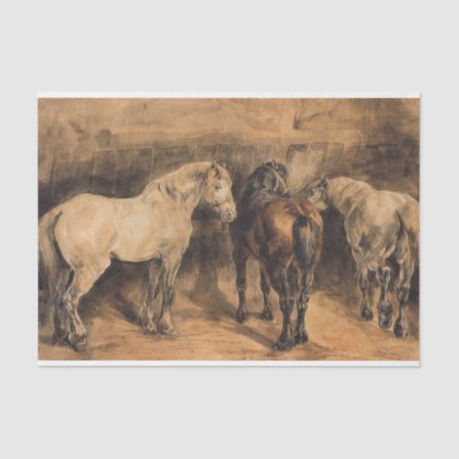 Papier Mousseline Trois chevaux dans leur stabilité (Recto)