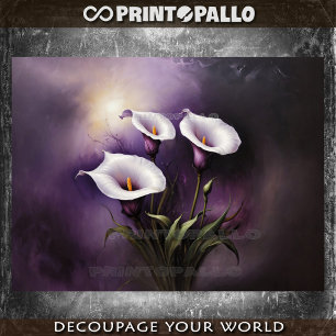 Papier Mousseline Trois fleurs énigmatiques de callas sur fond viole