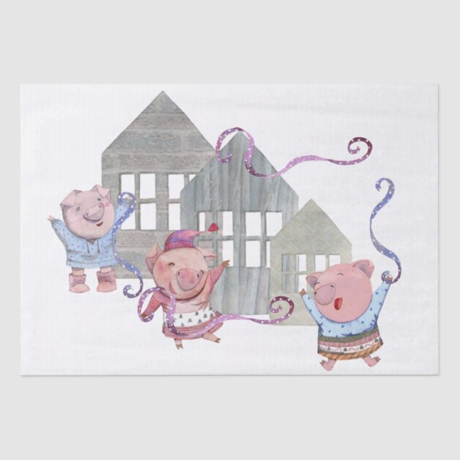 Papier Mousseline Trois petits cochons avec leurs maisons (Recto)