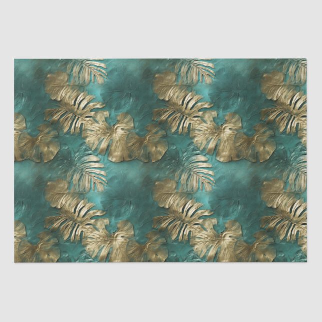 Papier Mousseline Tropical Gold Emerald Feuilles verts (Recto)