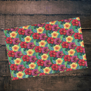 Papier Mousseline Tropical Rouge et Or sur l'Hibiscus Feuille vert