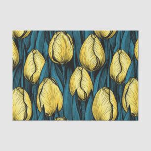 Papier Mousseline Tulières jaunes avec feuilles bleus