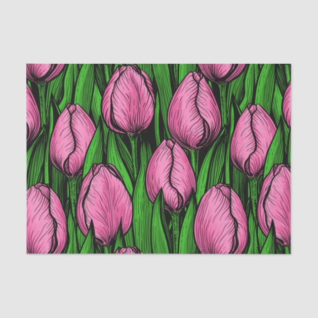 Papier Mousseline Tulières roses avec feuilles verts (Recto)