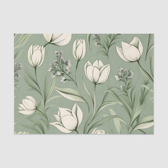 Papier Mousseline Tulipes Avec Feuilles Sur Vert Sage Clair (Recto)