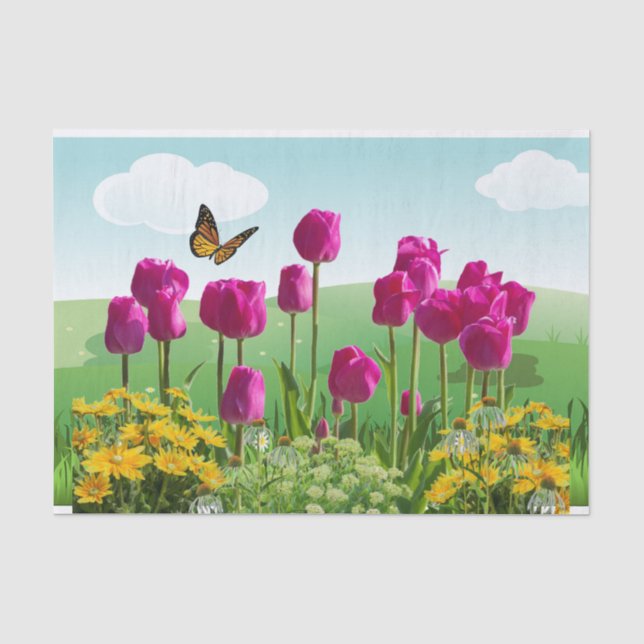 Papier Mousseline Tulipes roses de printemps et découpage papillon (Recto)