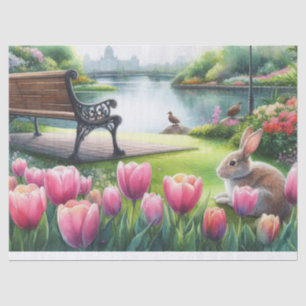Papier Mousseline Tulipes roses printanières et Banc de parc Découp