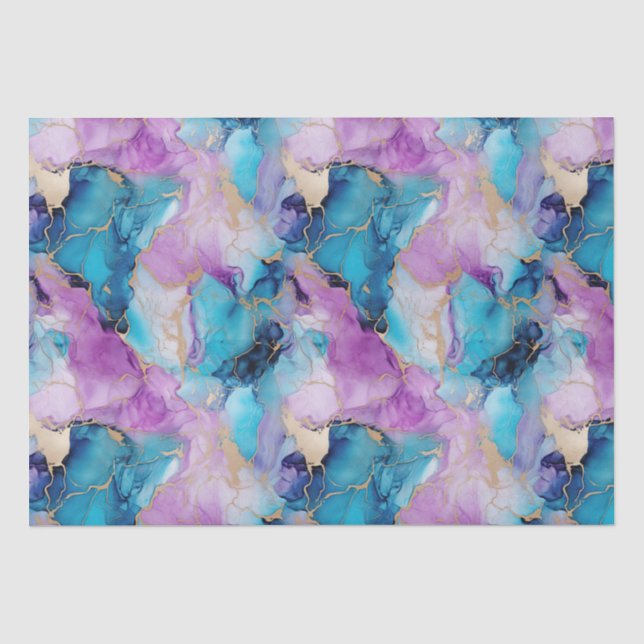 Papier Mousseline Turquoise Aqua violet marbre or (Recto)