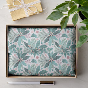 Papier Mousseline Turquoise Noël Holly Berries Motif#17 ID1009