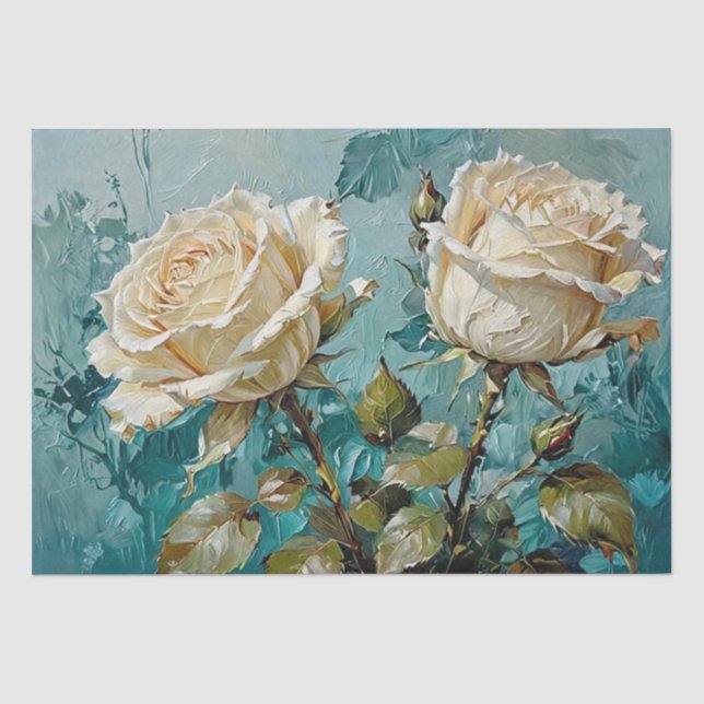 Papier Mousseline Turquoise vert et crème Roses Floral Art Tissu Pap (Recto)