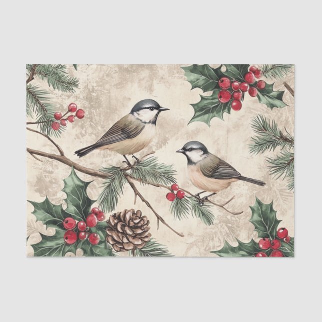 Papier Mousseline Two Birds on Branches with Holly Berries (Recto)