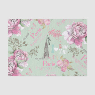 Papier Mousseline Typographie florale rose verte vintage de collage