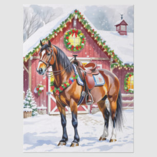 Papier Mousseline Un Cheval Brown Festif et une grange d'hiver Noël