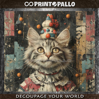 Papier Mousseline Un mignon chat clown sur un mur en bois peint -