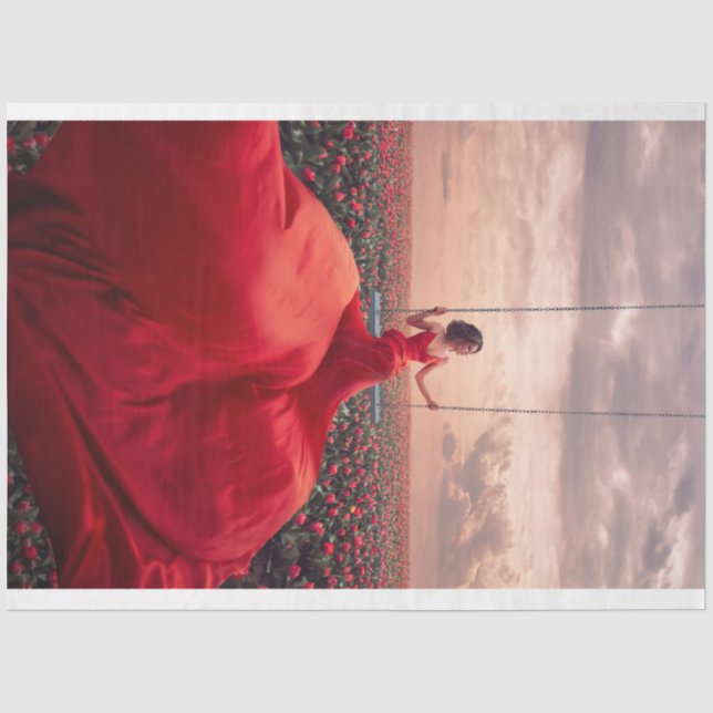 Papier Mousseline Une dame en rouge qui balaie les Roses (Recto)