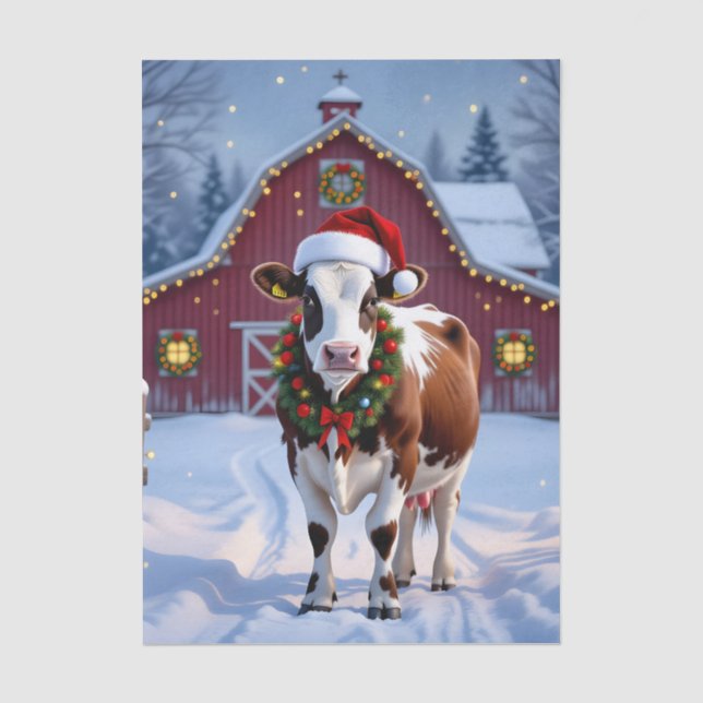 Papier Mousseline Une vache festive à Santa Hat Pays Noël (Recto)