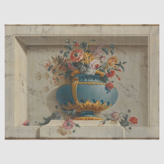 Papier Mousseline Urne bleue/or avec Fleurs Papier Tissu (Recto)