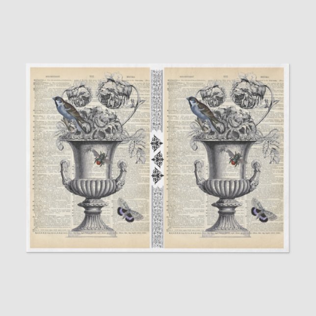 Papier Mousseline Urne florale avec oiseaux et abeilles (Recto)