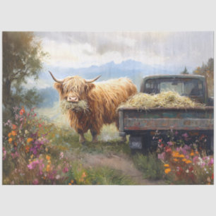Papier Mousseline Vache des Highlands mangeant du foin Art Découpage