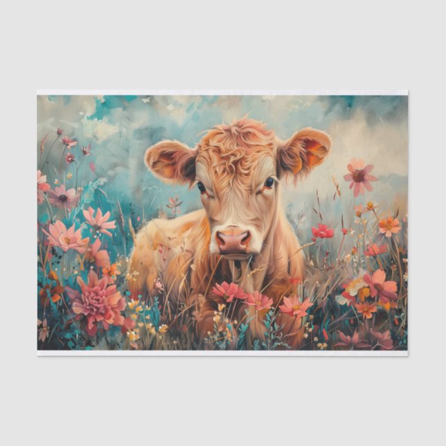 Papier Mousseline Vache des Highlands mignonne avec fleurs sauvages  (Recto)