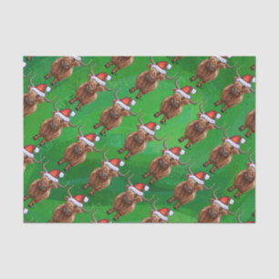 Papier Mousseline Vache Highland à Santa Hat Motif sur vert