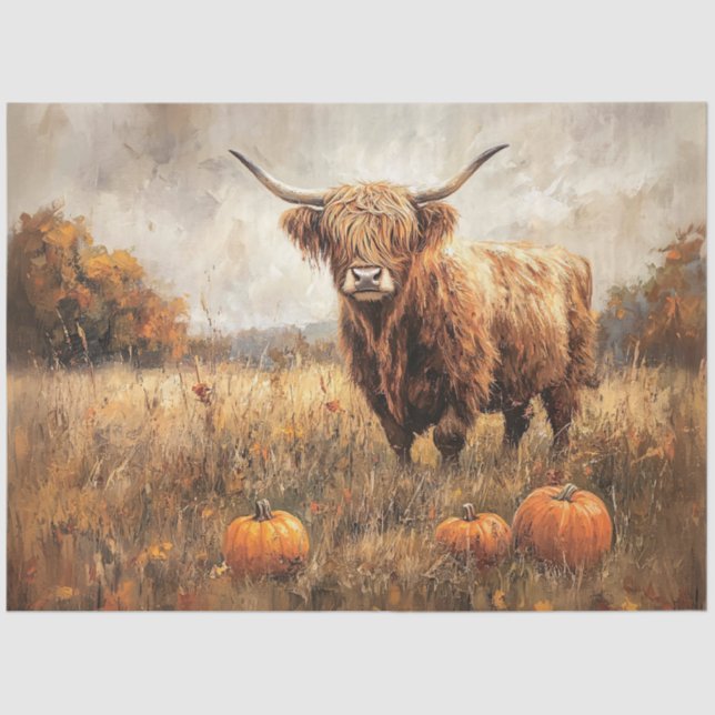 Papier Mousseline Vache Highland avec Citrouilles (Recto)